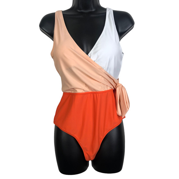 NEW Cupshe Colorblock Plunging One Piece Swimsuit Orange White Size Medium - Picture 2 of 9